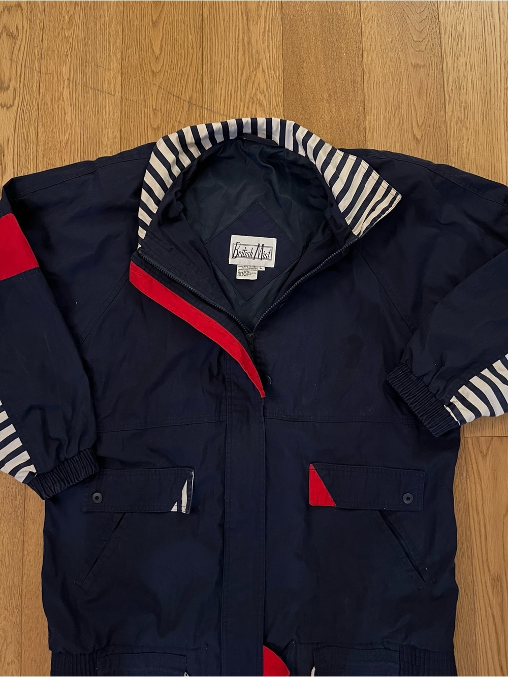 Vintage 90s British Mist Nautical Sailing Jacket Large L Navy Blue Red Striped
